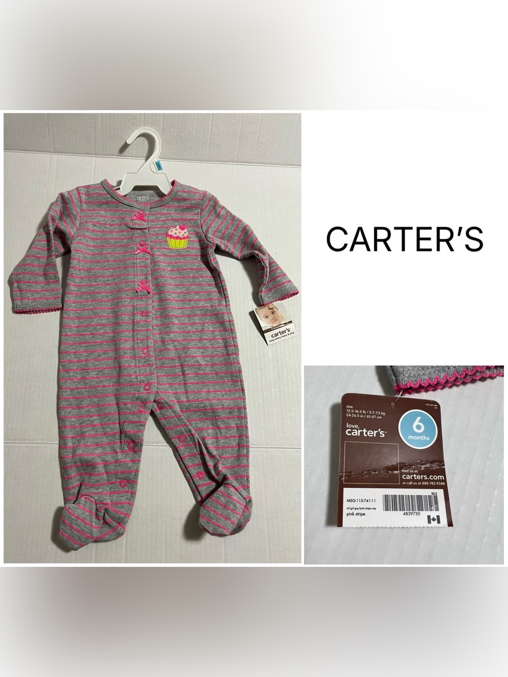 CARTER’S - 6M - NWT - INFANT GIRLS GREY / PINK CUPCAKE SLEEPER